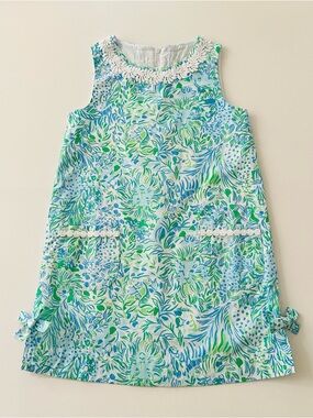 Lilly Pulitzer Girls 8 Blue Green Floral Shift Dress Spring Summer